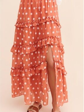 Polka Dot Ruffle Maxi Skirt in Coral with Side Slit
